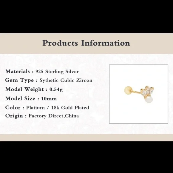 Birdie Pearl Marquise Clear Crystal CZ 18k Gold Plated S925 Pierced Earring 1pc - Picture 3 of 9